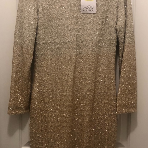 Badgley Mischka ivory/gold Ombré stretchy sequin dress with long sleeves. - Picture 3 of 4